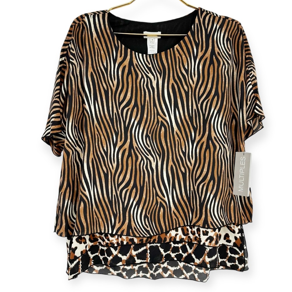 MULTIPLES NWT Layered Animal Print‎ Blouse size M- Safari -Style# M33401TM